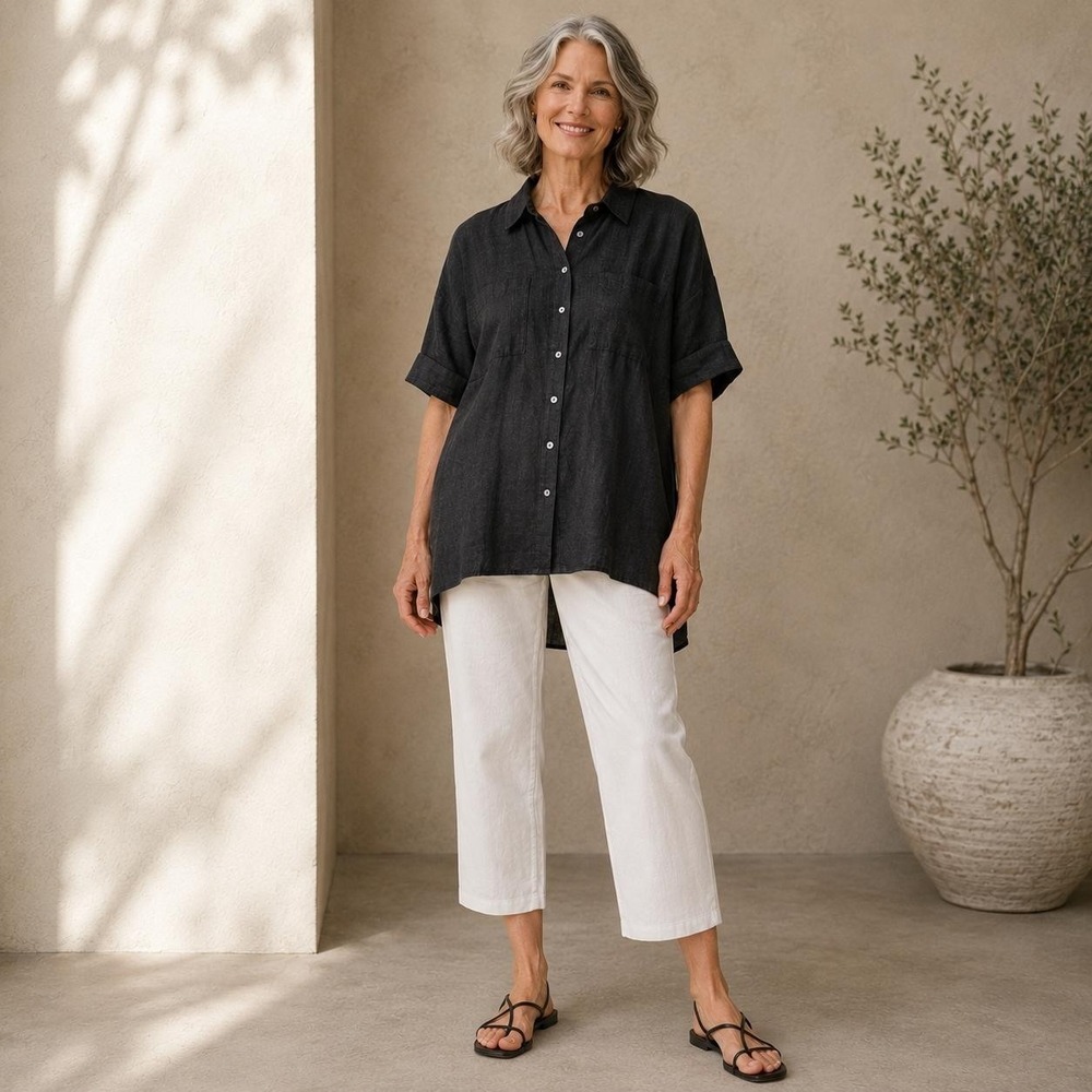 EILEEN FISHER Women's Top Blouse SMALL 100% Organic Linen Dark Blue Shirt S16LOL